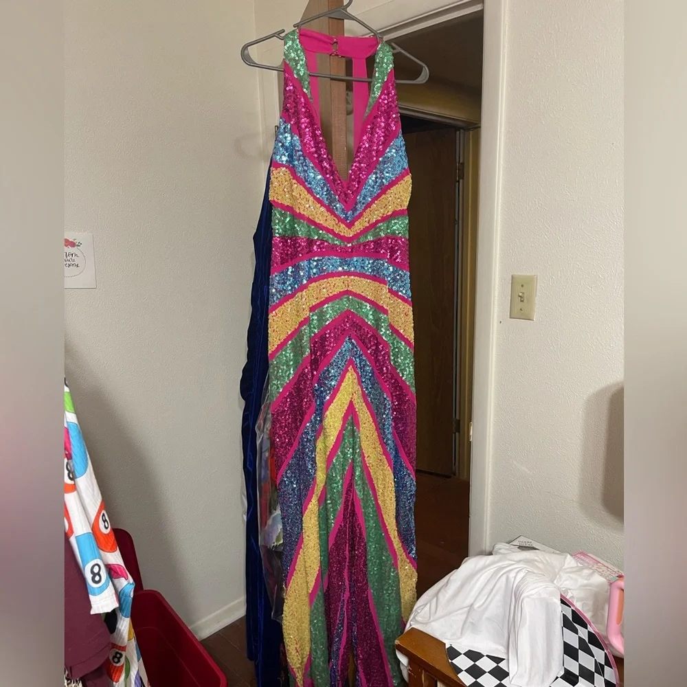 Nasty Gal Multicolor Sequin Chevron Jumpsuit - Pink, Green, Blue, Gold - Picture 4 of 8